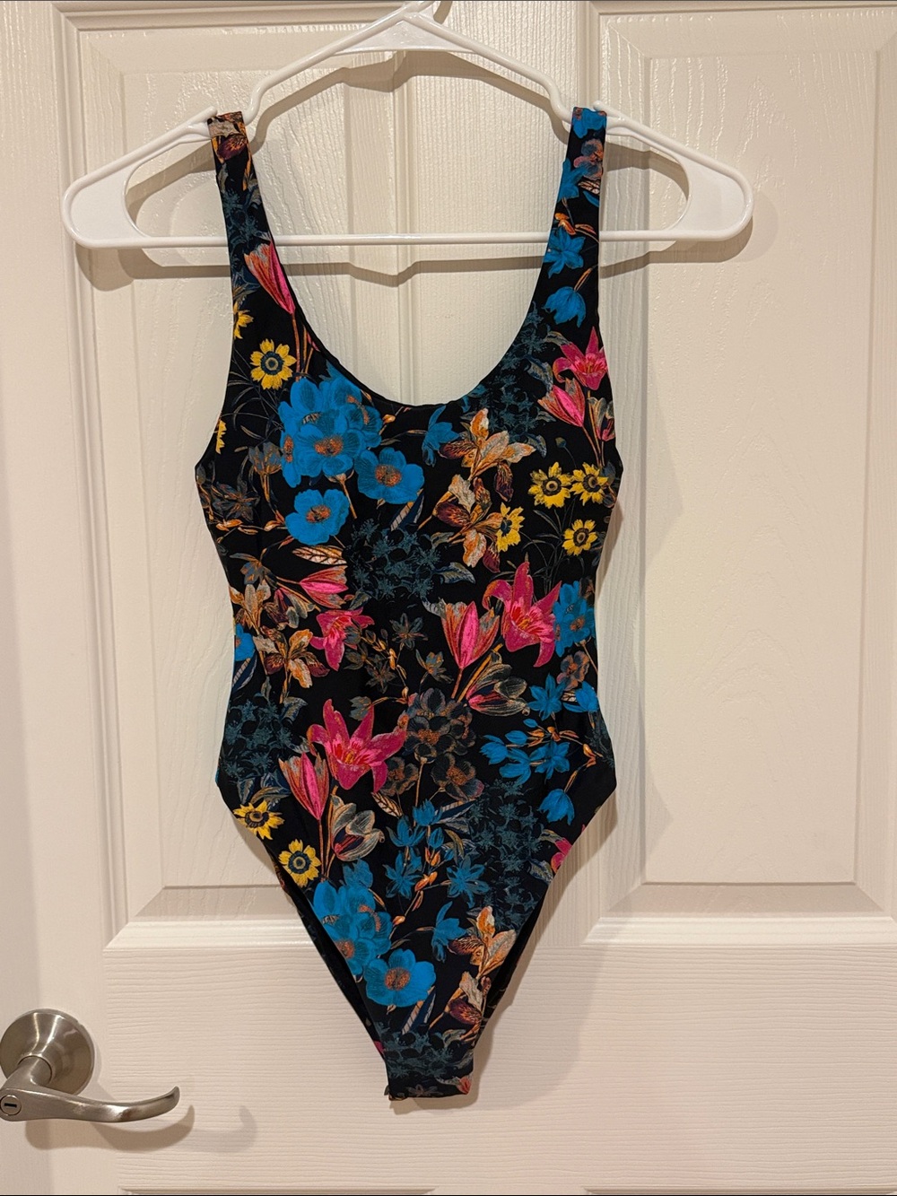 Rusty Black One-Piece Swimsuit with Blue, Pink & Yellow Floral Print